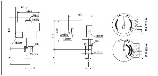 wssx- 401 411/402 412型电接点双金属温度计外形及电线路图 (mm) 型
