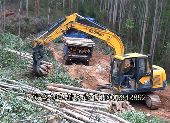 履帶抓木機(jī)在山上抓木頭圖
