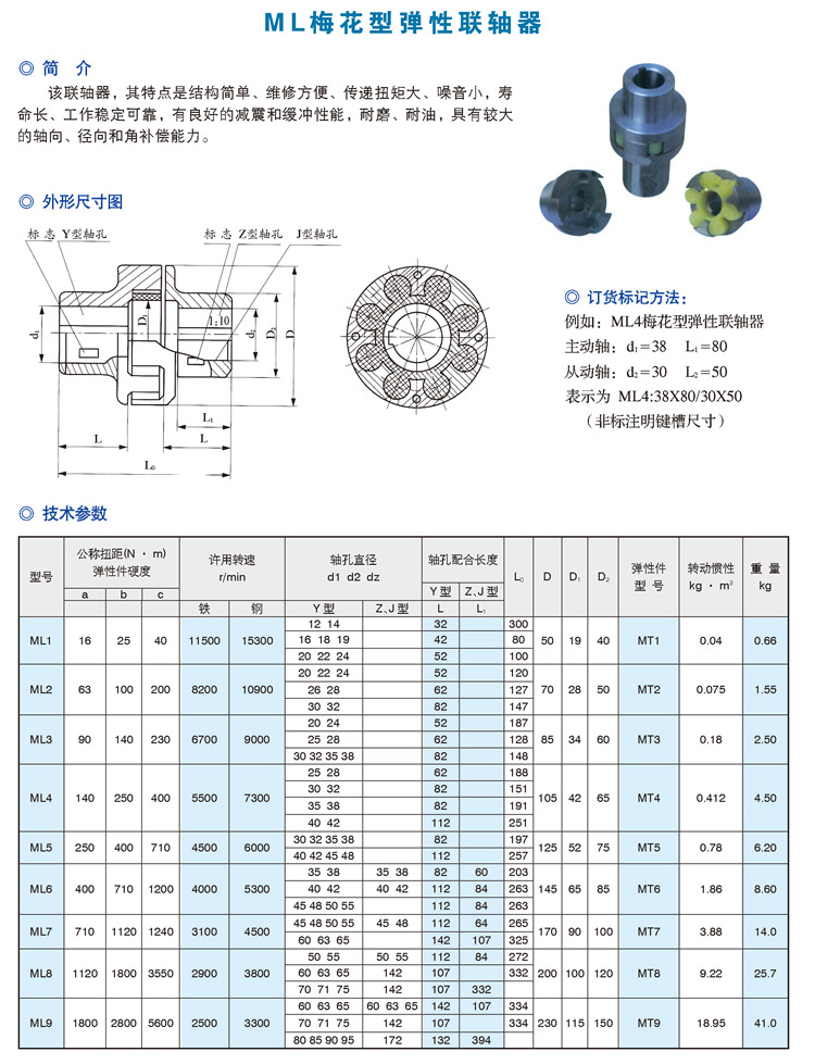 如ml4梅花型联轴器主动轴:d1=38 l1=80 从动轴:d2=30 l2 =50 表示为ml