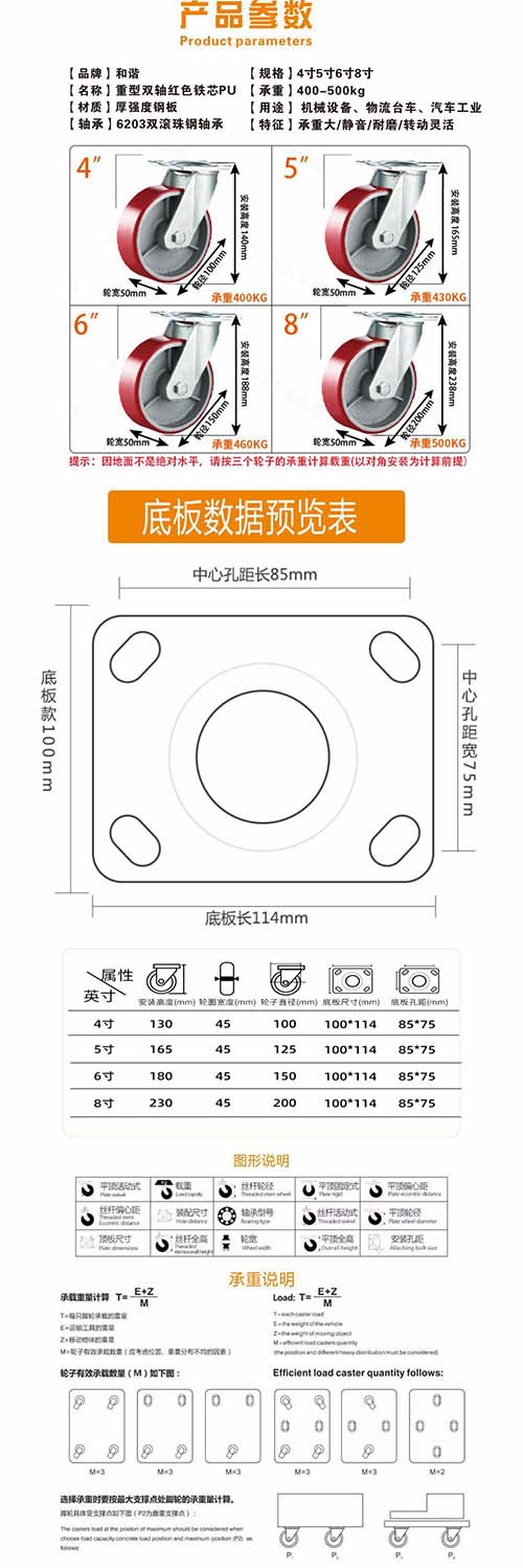 重型红色铁芯pu脚轮