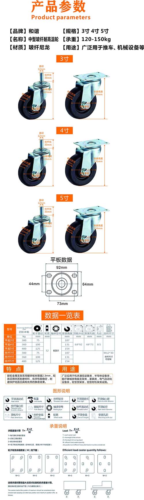 玻纤尼龙黑色耐高温脚轮