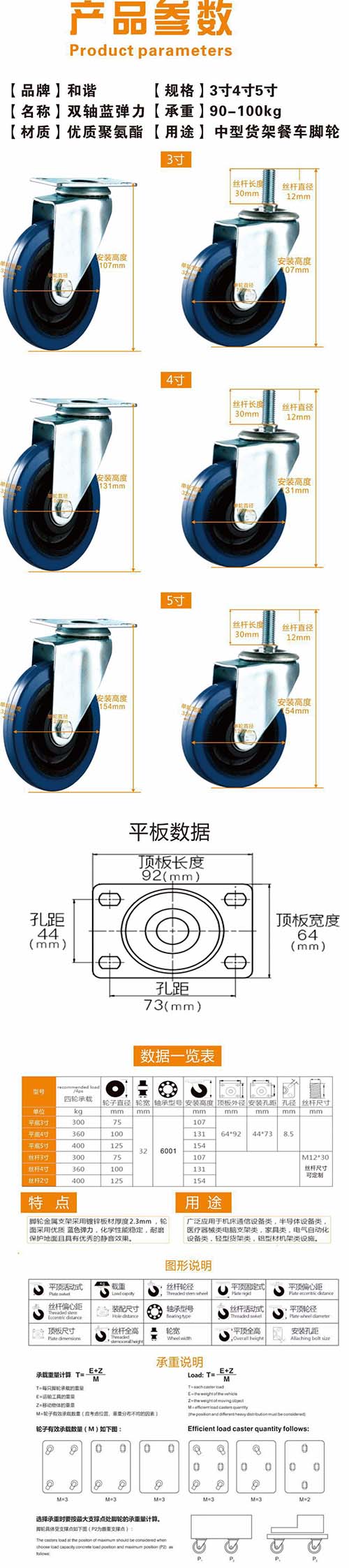 中型双轴承静音蓝色弹力轮